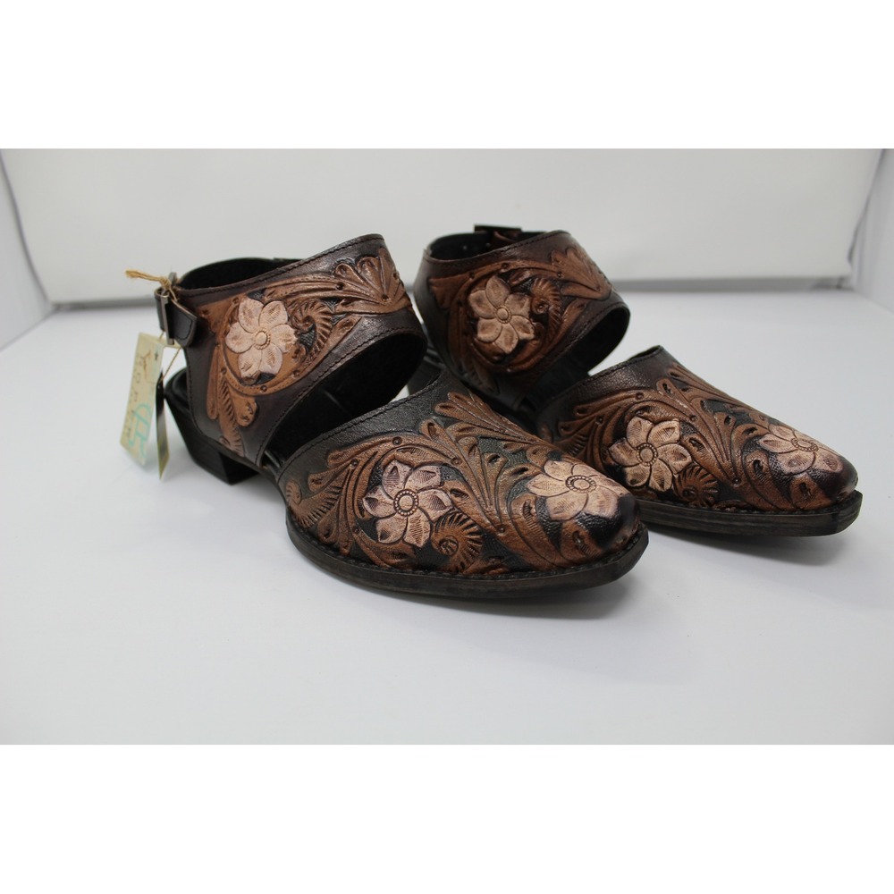 Roper Womens Brown Hand Tooled Floral Leather Western Mules Buckle Strap Shoes